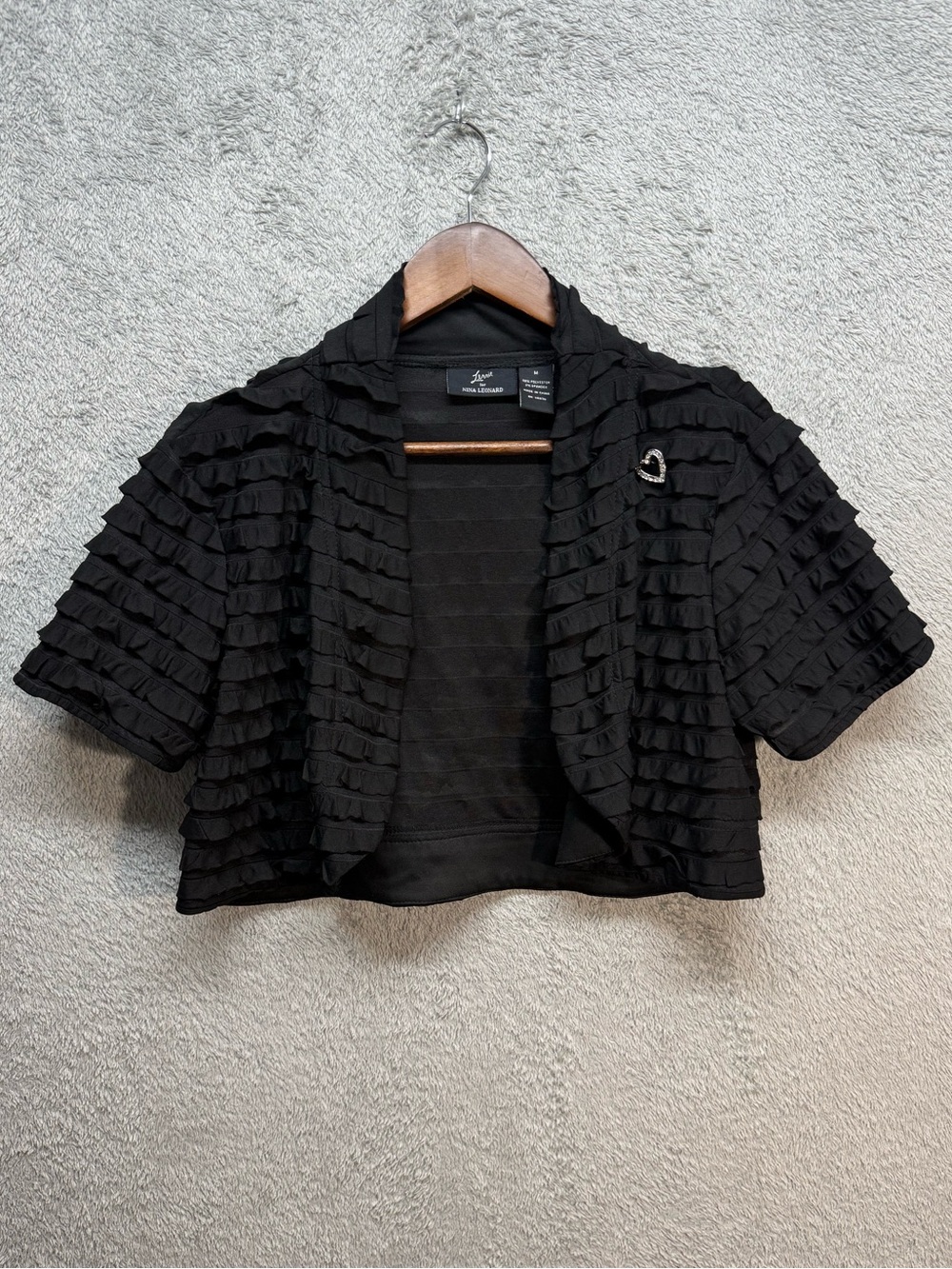 Lennie for Nina Leonard Black Tiered Ruffle Shrug Crop Bolero Jacket Size M